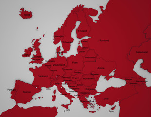 3D Europakarte mit Ländernamen auf deutsch in rot
