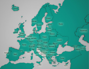 3D Europakarte mit Ländernamen auf englisch in türkis