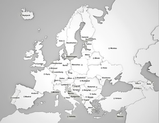 3D Europakarte mit Hauptstädten in weiß