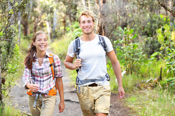 Outdoor activity couple hiking - happy hikers