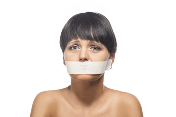 Family Violence Concept: Portrait of Brunette Woman with Her Mou