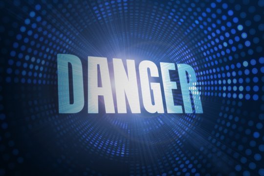Danger against futuristic dotted blue and black background