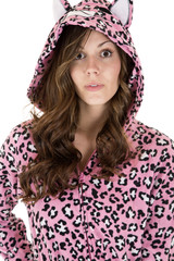 beautiful female model wearing leopard pajamas