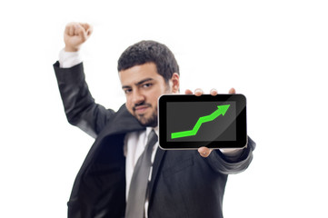 Happy Business man shows rising graph