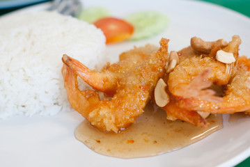 Deep fried prawns in Tamarind sauce with steam rice - Thai food