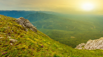 green mountain valley at the evening