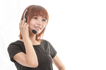 Help line operator with headset