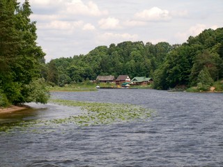 Nemunas river weir and houses at Rumsiskes.