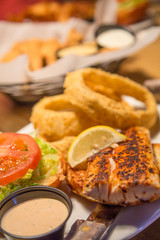 Blackened Fish Sandwich and Onion Rings
