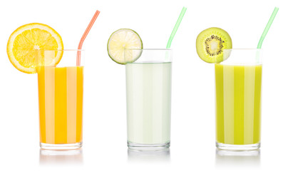 tasty summer fruits with juice in glass