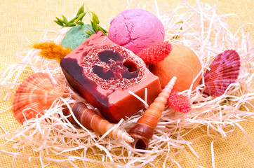 Handmade soap, bath bombs and seashells