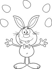 Black And White Cute Rabbit Character Juggling With Easter Eggs