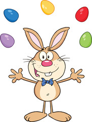 Cute Rabbit Cartoon Character Juggling With Easter Eggs