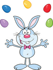 Cute Blue Rabbit Cartoon Character Juggling With Easter Eggs