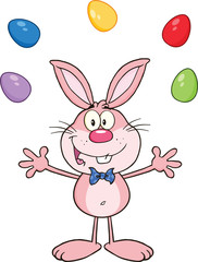 Cute Pink Rabbit Cartoon Character Juggling With Easter Eggs