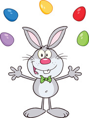Cute Gray Rabbit Cartoon Character Juggling With Easter Eggs