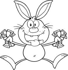 Obraz na płótnie Canvas Black And White Rich Rabbit Cartoon Character Jumping With Cash