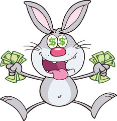 Rich Gray Rabbit Cartoon Character Jumping With Cash