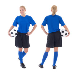 female soccer player in blue uniform isolated on white, front an