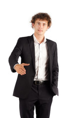 young curly Man standing On white Background and hold hand welco