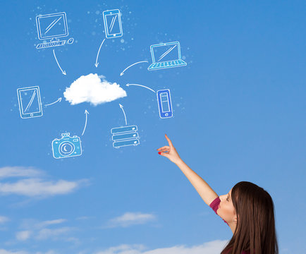 Casual girl looking at cloud computing concept on blue sky