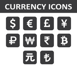 Currency Icons Set. White over black.