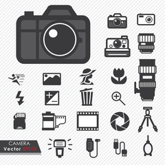 Photography camera lens and accessories set vector icons