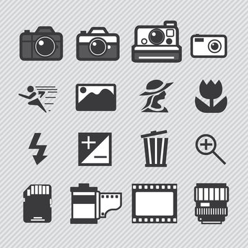Photography camera lens and accessories set vector icons