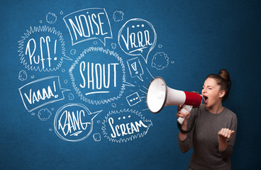 Girl yelling into megaphone and hand drawn speech bubbles come o