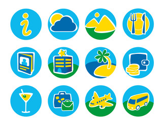 Twelve round icons for a travel