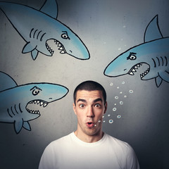 Young man and sharks
