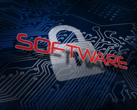 Software against white digital padlock over circuit board