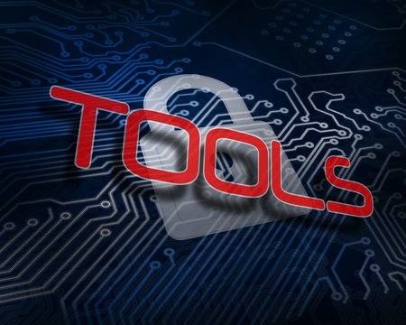 Tools against white digital padlock over circuit board
