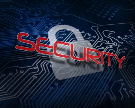 Security against white digital padlock over circuit board