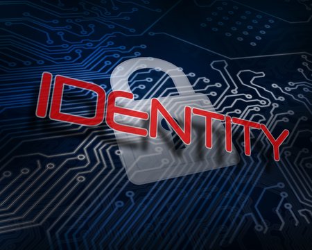 Identity against white digital padlock over circuit board