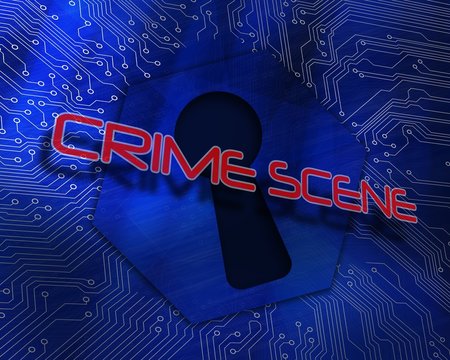Crime scene against keyhole graphic on blue background