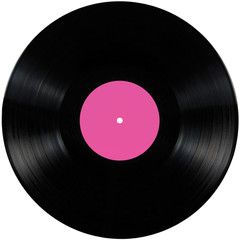 Black vinyl record lp album disc; isolated disk pink label - obrazy, fototapety, plakaty
