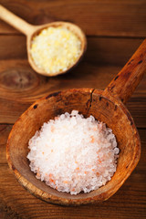 Himalayan Pink Crystal Rock salt in rustic wooden spoon
