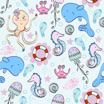Babies  hand-drawn sea seamless pattern. Sea background