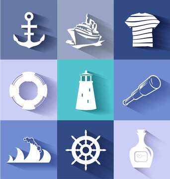 Sailor and ships flat icon set