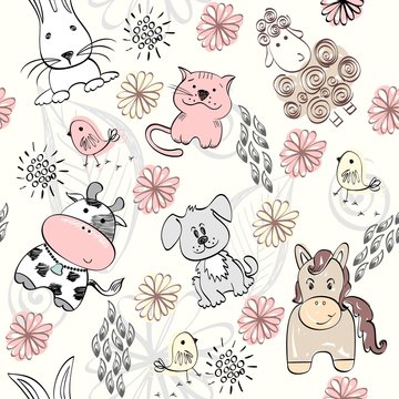 babies hand draw seamless pattern with animals