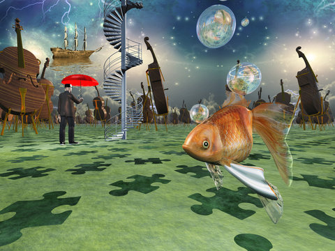 Surreal scene with various elements