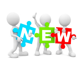 3D Man Holding Colorful Jigsaw with Word New