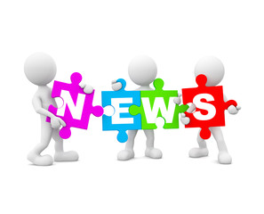 3D Man Holding Colorful Jigsaw with Word News