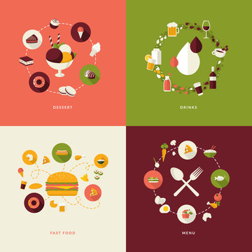 Set of flat design concept icons for restaurant, food and drink
