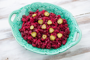 Traditional russian salad Vinaigrette, high angle view