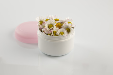 Fototapeta na wymiar Daisies and Dandelion in cosmetic cream box