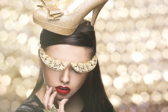 Sexy Woman Woth Gold Shoe On Head