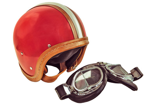 Retro Styled Image Of An Old Motor Helmet With Goggles