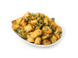 Spicy potato cut in cubes and fried, lebanese cuisine